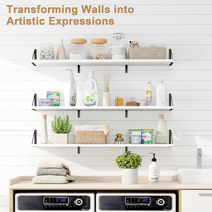 Fun Memories Extra Long Floating Wall Shelves, 48 x 8 Inches, Set of 3 Large Wood Floating Bookshelves with Metal Brackets for Storage & Display (White)
