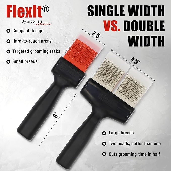 FlexIt Flexible Slicker Brush for Dogs - Professional 3-in-1 System & Video Trainings - Dual-Sided Dematting, Undercoating & Finishing Dog Grooming Brush by Groomers Helper (Double, Firm Flex)