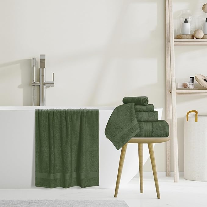 GLAMBURG Ultra Soft 8-Piece Towel Set - 100% Pure Ring spun Cotton, Contains 2 Oversized Bath Towels 27x54, 2 Hand Towels 16x28, 4 Wash Cloths 13x13 - Ideal for Everyday use, Hotel & Spa - Olive Green