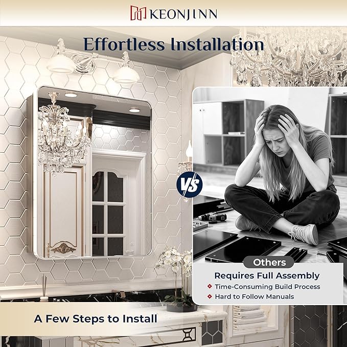 Keonjinn 60 x 32 Inch Large Chrome Medicine Cabinets, Recessed Bathroom Medicine Cabinet, Elegant Silver Stainless Steel Framed, Sturdy & Heavy, Adjustable Shelves, DTC Hinges, Soft Closing, Modern