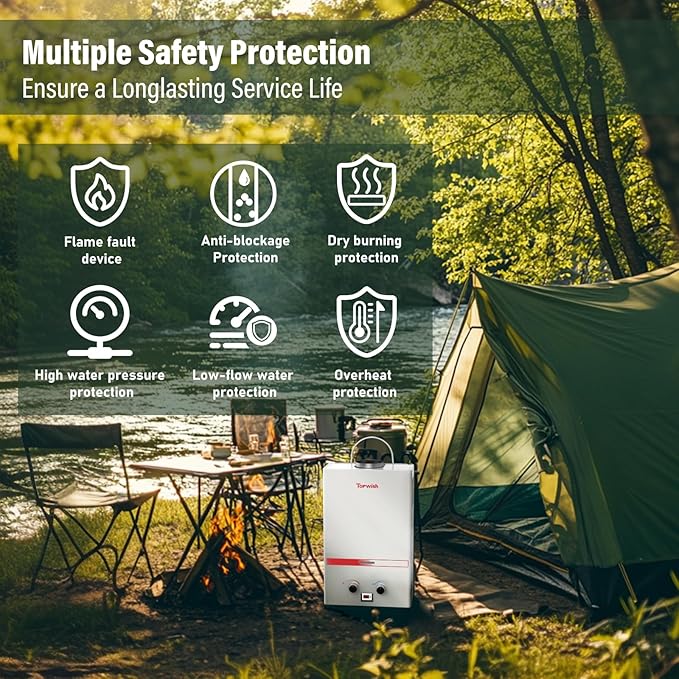 Tankless Water Heater 8L, 2.11GPM Portable Propane Camping Water Heater with Digital Display Handle Overheating Protection, 54,500 BTU Instant Gas Hot Water Warmer for Outdoors RV Shower Cabin