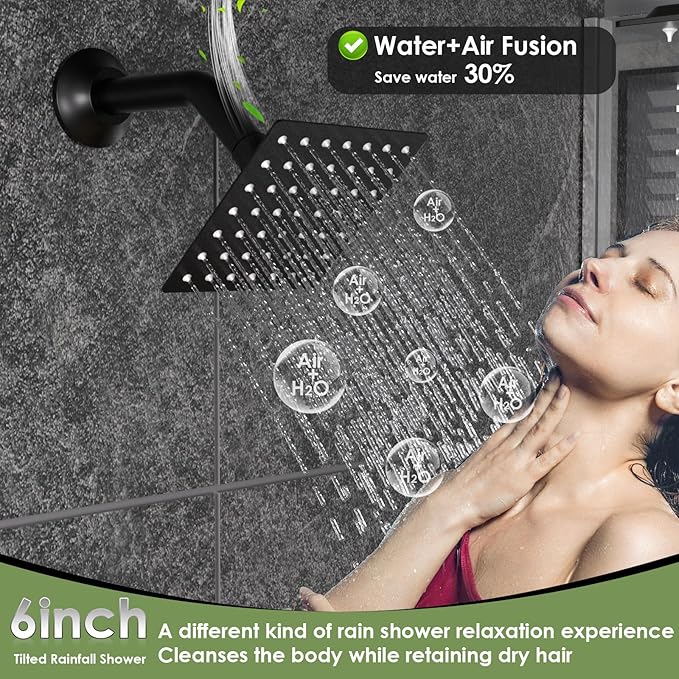 ENGA Dual Shower Head System with Tub Spout, Ceiling Mount 12 Inch Shower Head with 6 Inch Wall Mount Shower Head Shower Faucet Set, Matte Black