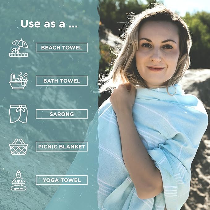Large Turkish Beach Towel, Classic Mint - Super Soft & Lightweight Quick Dry Absorbent Towels for Beach, Picnic Blanket or Bath Towel - Sand Free Organic Turkish Cotton Yarn