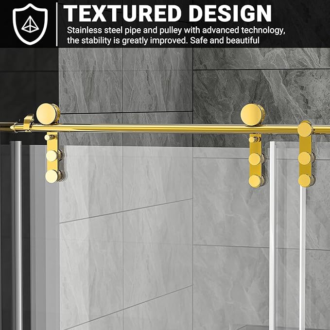Chabatree Shower Door 60" W x 76" H Frameless Sliding Shower Door,Frameless Shower Door with Sealing Strip and Waterproof Handle,5/16"(8mm) Clear Tempered Glass,Stainless Steel Hardware,Golden