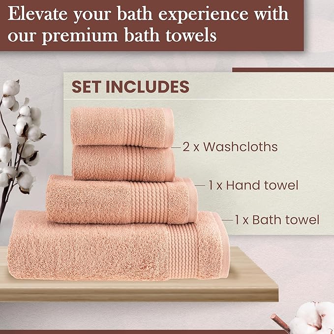 HALLEY Turkish Cotton Towels (Set of 4) 1 Bath Towel 1 Hand Towel 2 Washcloths, Super Soft Highly Absorbent 100% Cotton Towels for Bathroom and Kitchen for Mother’s Day (Peach)