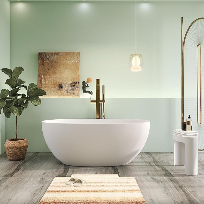 59" Premium Solid Surface Freestanding Bathtubs, Upgraded Matte White Modern Design Stand Alone Stone Resin Tub with Overflow and Pop-up Drain