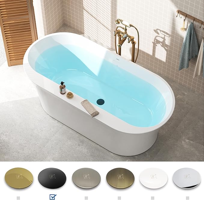 FerdY Mauritius 67" Acrylic Freestanding Tub, Oval Contemporary Soaker Tub, Extra Deep Bathtub, Matte Black Drain and Minimalist Linear Design Overflow, Modern White Bathtub, cUPC Certified
