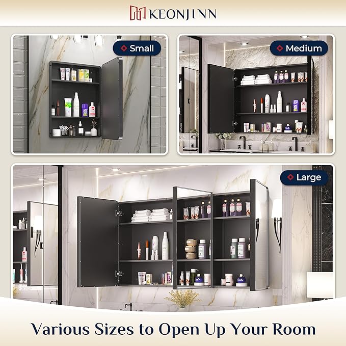 Keonjinn 20 x 26 Inch Black Recessed Medicine Cabinets, Bathroom Mirrored Medicine Cabinet, Gloss Black Stainless Steel Framed, Adjustable Shelves, in Wall or Surface Mount, Sturdy & Heavy, Farmhouse