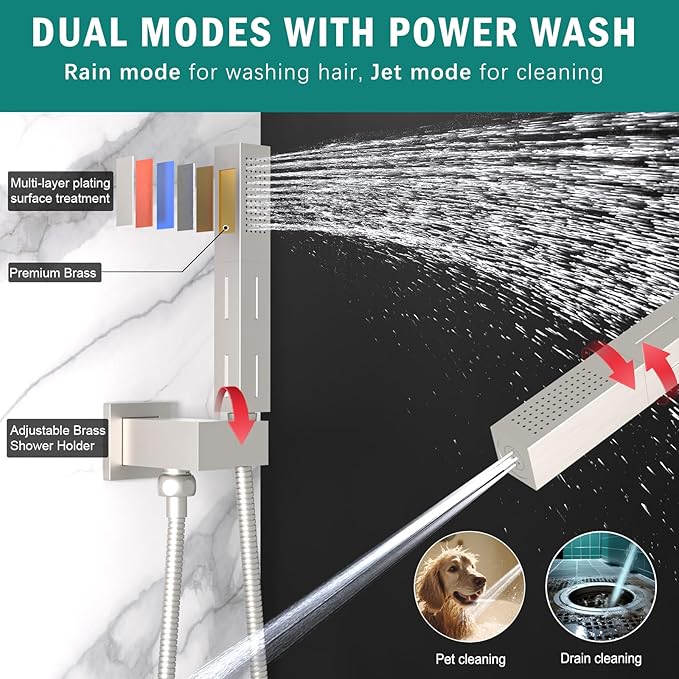 ENGA Shower Faucet Set, Dual Head Shower System 10" & 6" Square Rain Shower Heads with 2 in 1 Handheld Spray, 3 Way Water Diverter, Brushed Nickel