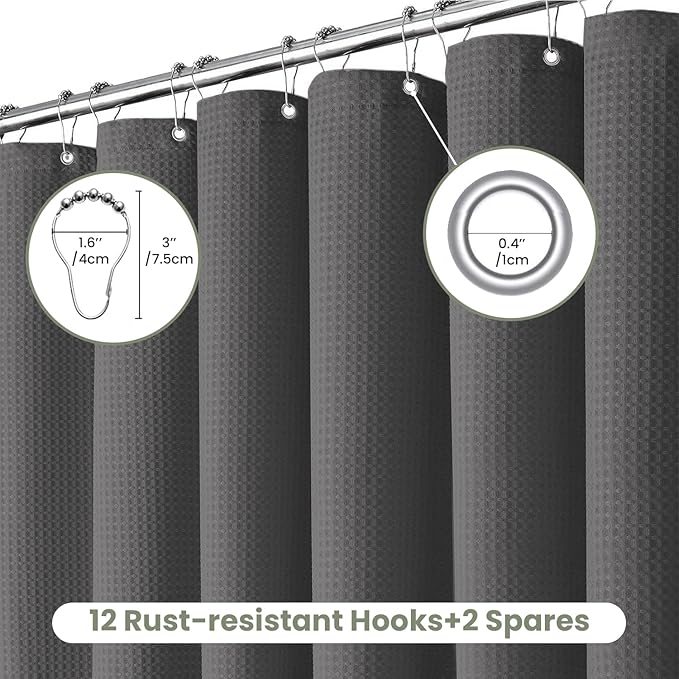 Inhousolu Fabric Shower Curtain Waffle Weave, Graphite Grey 230 GSM Heavy Duty, Weighted Hem, 14 Metal Hooks, Water Repellent, Machine Washable, Hotel Spa Luxury Bath Curtain Set, 72 x 72 Inch