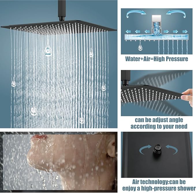 Aolemi Matte Black Ceiling Mount Rain Shower Head with Handheld Spray and High Pressure Faucet Set, Includes 16 Inch Shower Head and Trim Kit