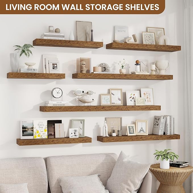 fuqing Floating Shelves for Wall, Wall Mounted Wood Floating Shelf with Invisible Brackets for Living Room, Bathroom, Bedroom, Kitchen Storage and Decor, 48 Inch Set of 2, Rustic Brown