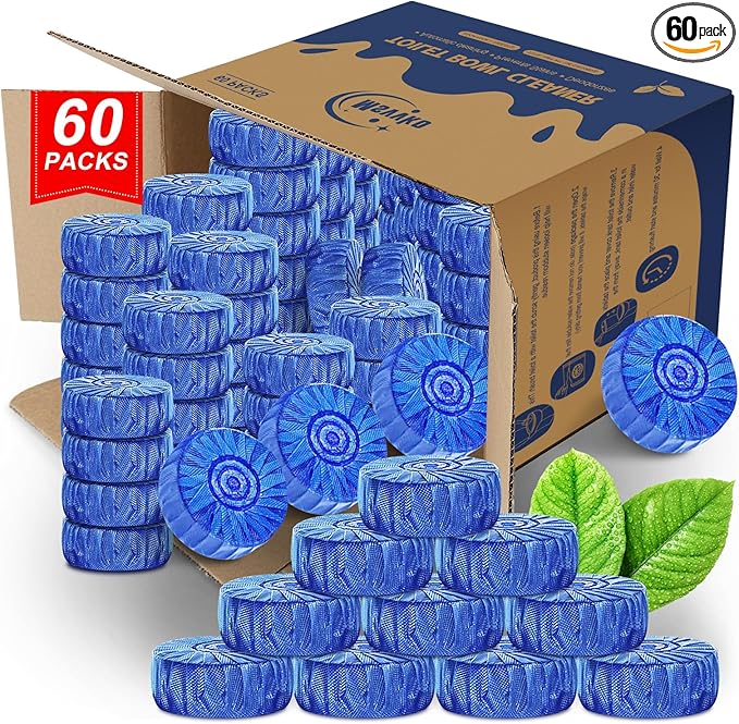 Automatic Toilet Bowl Cleaner Tablets Blue Gel Toilet Tank Cleaners, Septic-Safe Hard Water Ring Stain Remover, Prevent Stain Build Up Bathroom Cleaning & Deodorizer - 60 Tabs