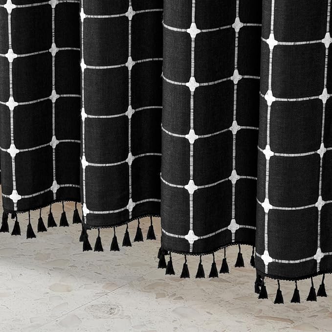 MitoVilla Black Boho Extra Long Shower Curtain 72 x 84, Modern Farmhouse 84 inch XL Polyester Linen Texture Tassel Fabric Shower Curtain Set with Hooks for Cottagecore Country Bathroom Decor