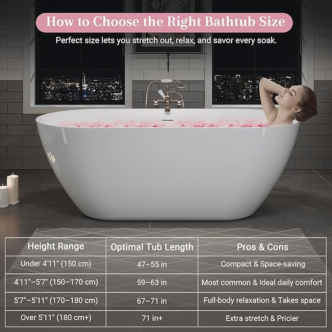 ABRUZZO 63" Acrylic Freestanding Bathtub - Oval Deep Soak Tub, Center Drain & Overflow, cUPC Certified Glossy White