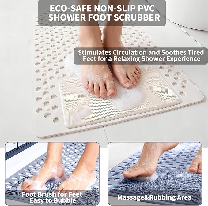 Bath Tub Shower Mat with Soft Shower Foot Scrubber Mat for Massage,Non Slip Bathtub Mat with Strong Suction Cups, Silicone Shower Foot Scrubber Mat (White, 27.5" X 15.7"(Rectangular))