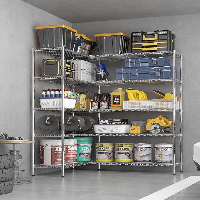 5 Tier Storage Racks Shelving, Heavy Steel Pantry Shelves, Adjustable Wire Shelving Rack, Suitable for Garage, Kitchens, Offices, 69.7" W x 16" D x 71" H, Chrome