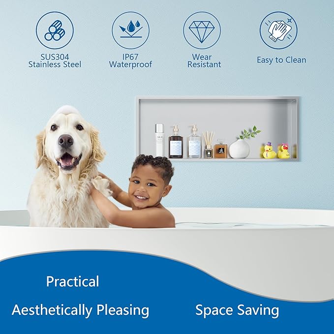 Neodrain 30X12Inch Recessed Brushed Shower Niche, Stainless Steel Bathroom Wall Niche NO Tile Needed Shower Cabinet Cubby for Bathroom Storage Built-in Wall