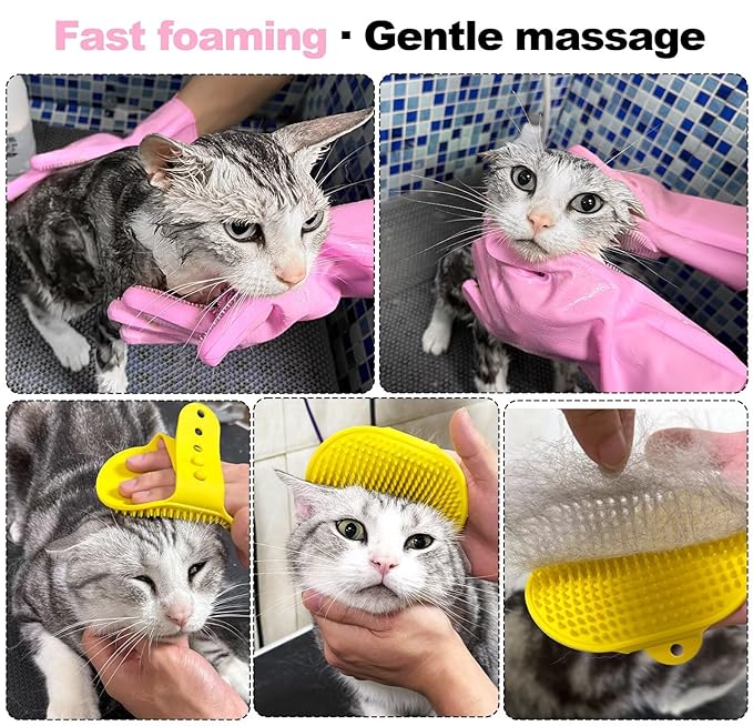 Pet Grooming Gloves and Brush Set, Dog and Cat Bath Scrubber Silicone Gloves Small