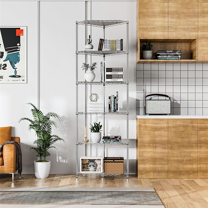 Silver 6 Tier NSF Metal Pentagonal Corner Wire Shelving Units, 600lbs Storage Rack with Feet for Kitchen, Utility Room, Warehouse, 72" H x 20" L x 20" W