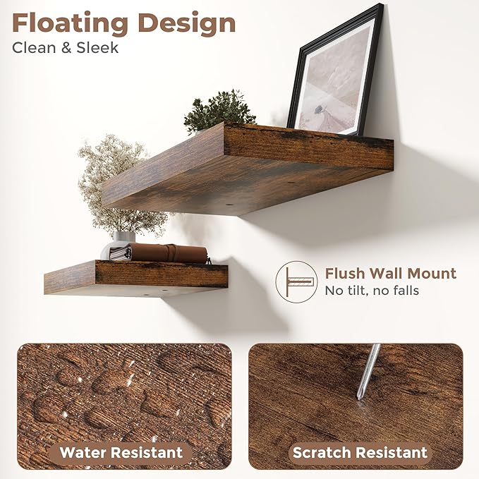 12 Inch Square Floating Shelves for Wall 2 Pack, 12"D Wood Grain Bathroom Shelves with Invisible Brackets, Easy Install Engineered Wood Storage Shelves for Kitchen, Living Room, Rustic Brown Finish