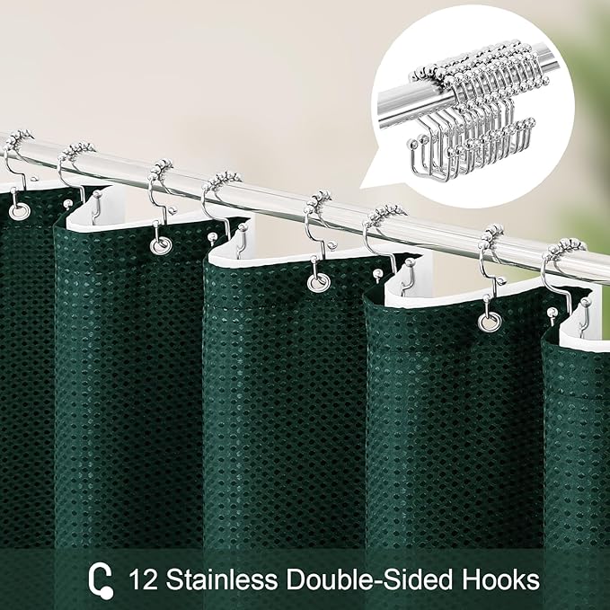 3 in 1 Extra Long Dark Green Shower Curtain Set-72 W x 84 H, Modern Waffle and PEVA Liner Set with 12 Stainless Steel Hooks, Waterproof Fabric for Bathroom