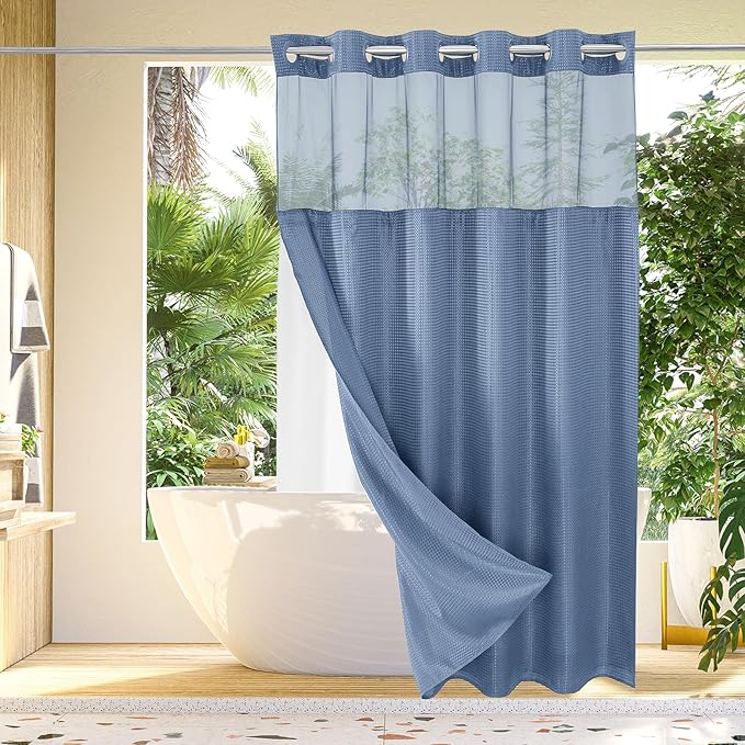 Gibelle Extra Long Shower Curtain 72x86, Waffle Weave Bathroom Shower Curtain with Snap-in Fabric Liner Set, No Hooks Needed, Hotel Style with Mesh Top Window, Moonlight Blue