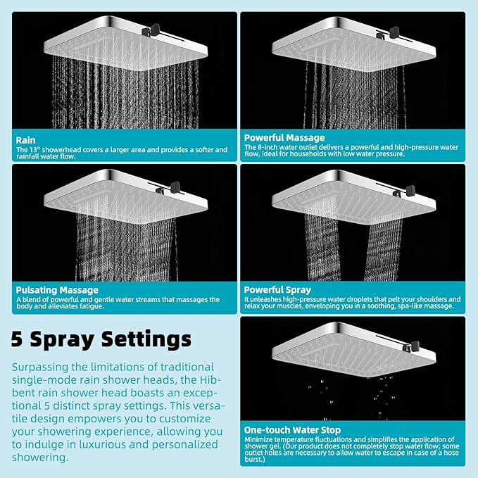 Hibbent Rain Shower Head, 13'' High Pressure Rainfall Square 5 Spray Mode Showerhead with 16" Shower Head Extension Arm, Solid Brass Adjustable Shower Arm Extender, Waterfall fixed Showerheads, Silver