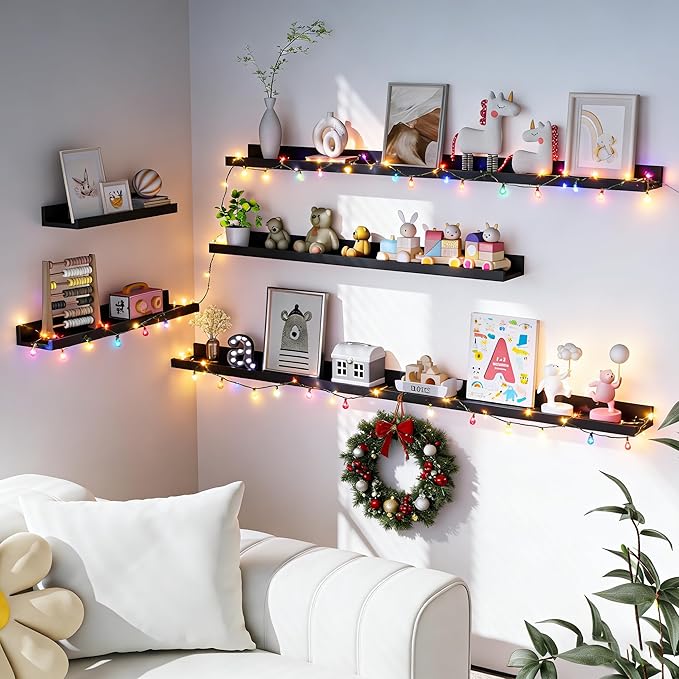 Heimlove Picture Ledge Shelf, Floating Shelves Set of 2, 48 Inches Picture Shelf for Wall with Ledge, Kids Bookshelf Wall Mounted for Living Room Bedroom Decor Books Photo Frames, Black
