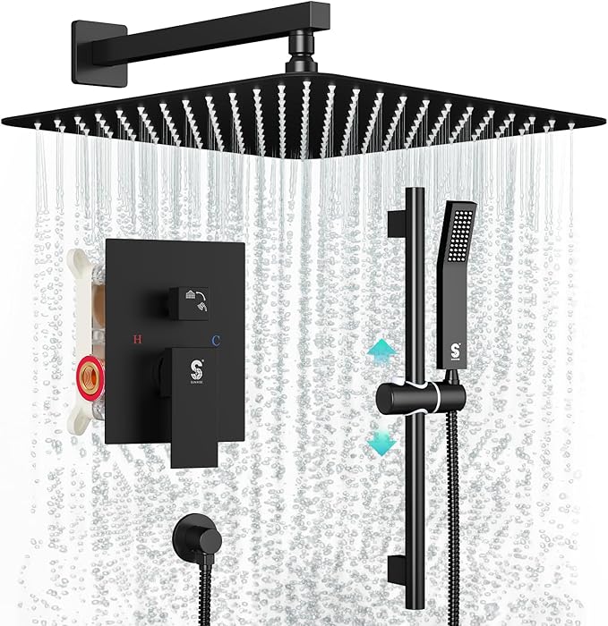 SR SUN RISE 12 Inch Slide Bar Shower Faucet Luxury High Pressure Shower Heads and Handheld Spray Combo Set Wall Mounted Shower System Included Valve and Trim Kit, Matte Black
