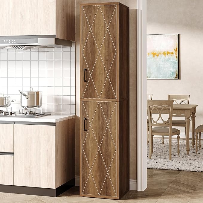 Tribesigns 75" Tall Narrow Storage Cabinet, Modern Farmhouse Pantry Cabinet with Doors and 6 Shelves, Skinny Freestanding Utility Cabinet for Kitchen, Bathroom, Laudry, Living Room, Brown