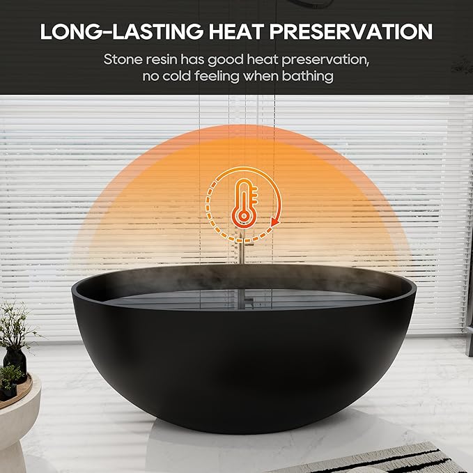 SJ STAR&JANE 55" Solid Surface Freestanding Bathtub, Stone Resin Oval Soaking Tub Matte Black Stand Alone Tub with Overflow and Pop-up Drain for Bathroom