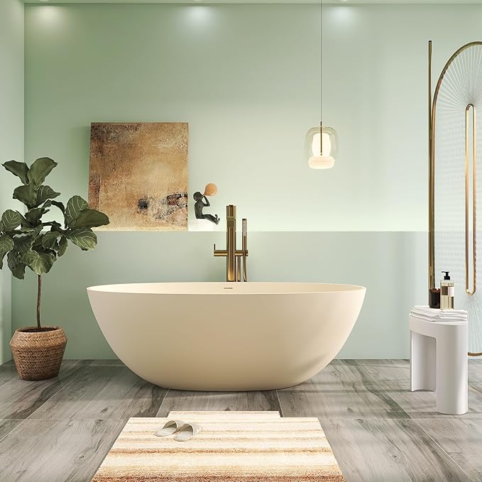 65" Premium Solid Surface Free Standing Bathtub, Upgraded Milky Coffee Design Stone Resin Soaking Tub with Overflow and Pop-up Drain