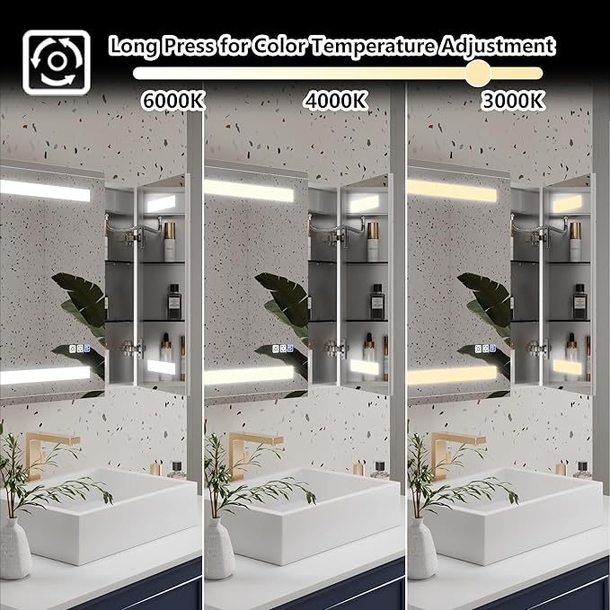 GroGro LED Lighted Bathroom Medicine Cabinet with Mirror, 30" W x 24" H Beveled Edge Medicine Cabinet with Lights,Surface or Recessed Mounting,Defog,Dimming,3-Color Temperature Adjustment