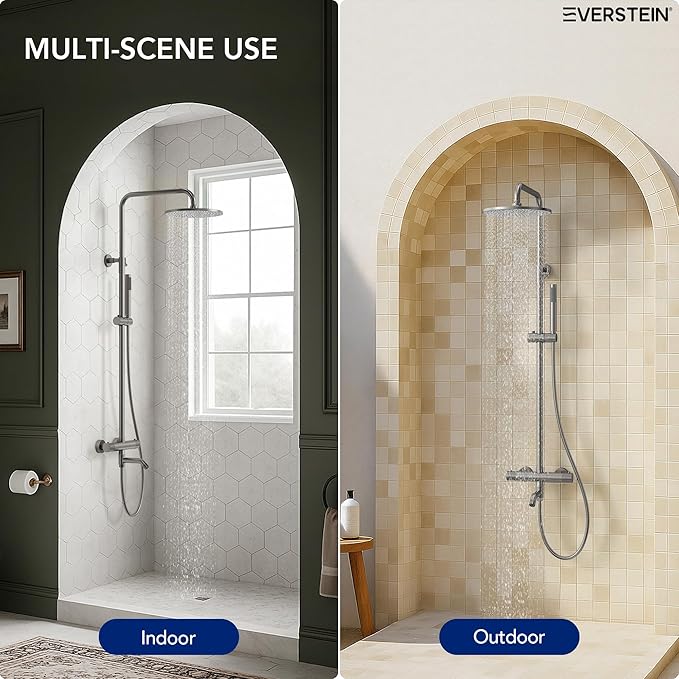 Exposed Shower System with Tub Spout, EVERSTEIN 10 inch High Pressure Shower Faucet Set, 3-Function Wall Mount Rain Showerhead with Handheld Sprayer, Outdoor Bathroom Fixtures, Brushed Nickel