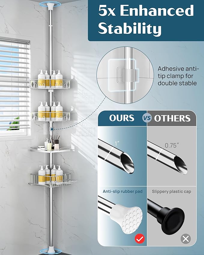 SElRIONE Corner Shower Caddy Tension Pole, Quick Setup, Rust-Free Bathroom Shower Organizer Corner for Bathtub Shampoo Storage, 4-Tier Adjustable Shelf, Drill Free, Fits 34 to 116 Inch Height
