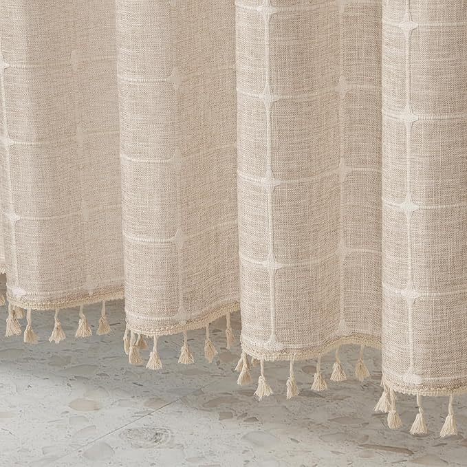 MitoVilla No Hooks Needed Boho Farmhouse Shower Curtain with Snap-in Liner, Cotton Linen Fabric Shower Curtains with Tassels for Rustic Neutral Bathroom Decor, Tan/Taupe, 72 x 74