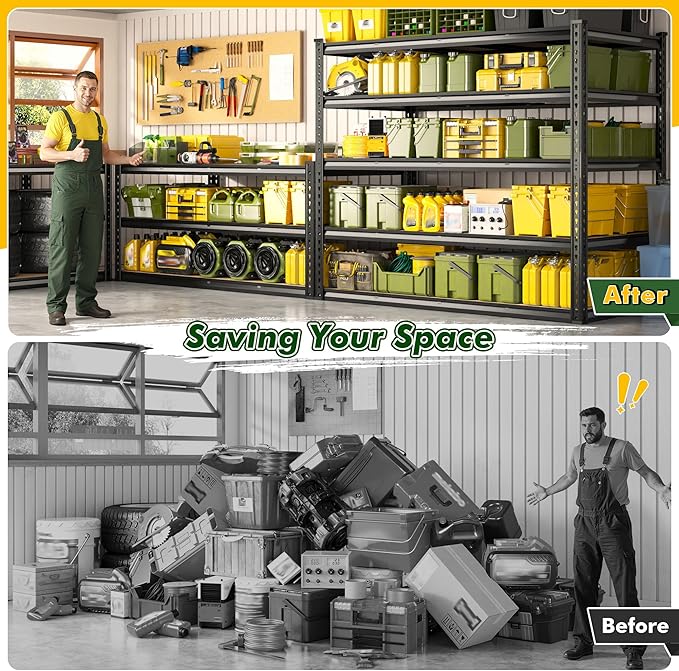 55.1" W Garage Shelves 2230LBS Storage Shelves, 5 Tier Adjustable Metal Shelving, Garage Shelving for Storage, Basement, Warehouse, Pantry, Kitchen, 55.1" W x 24.1" D x 72.1" H, Black, 2 Pack