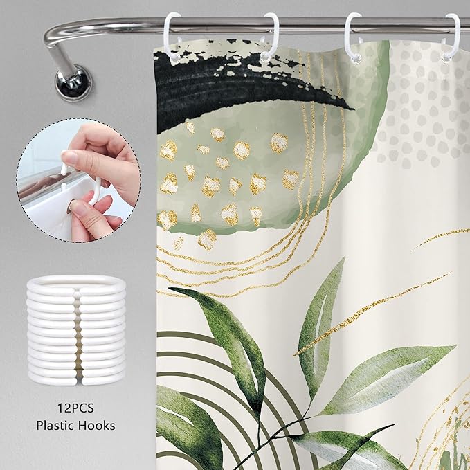 Grey Green Boho Shower Curtain 60Wx72H Tropical Palm Leaves Abstract Mid Century Modern Bohemian Minimalist Gold Leaf Plant Bathroom Decor Botanical Bath Curtain Fabric Polyester 12 Pack Hooks