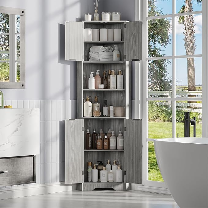 Fameill Tall Corner Cabinet with 2 Doors and 2 Open Storage Shelves, 68” Corner Storage Cabinet with Fluted Door Design, Home Space Saver for Living Room, Bathroom, Kitchen, Laundry, Grey