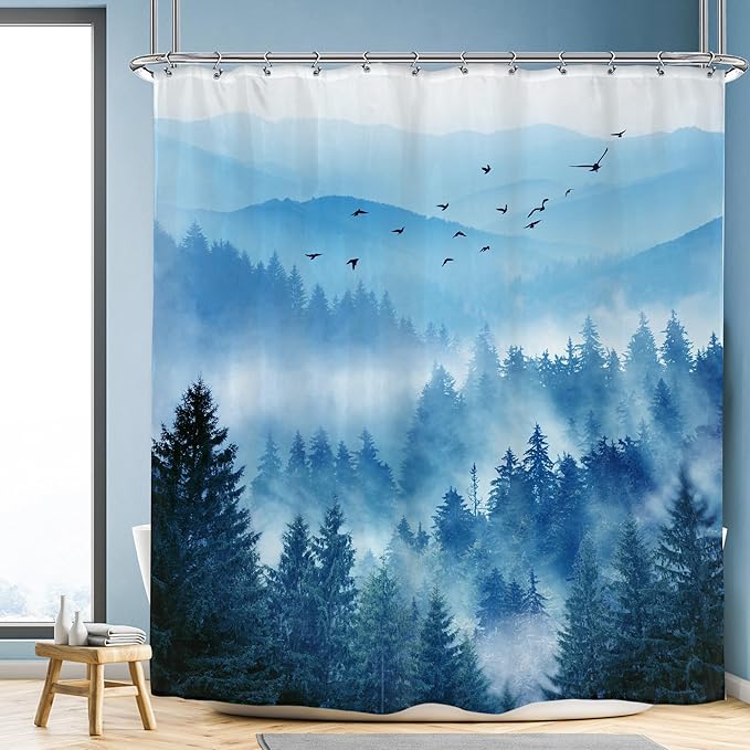 Riyidecor Navy Blue Shower Curtain，Mountain Nature Woodland Scenery，Park Scene View Natural Foggy Pine Tree Alpine Cool Designer Bathroom Decor Fabric Polyester Waterproof 12 Pack Hooks 72Wx72H Inch
