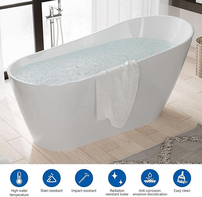 Freestanding Bathtub 67 inch Acrylic Oval Soaking Tub – All-White Design with Chrome Drain and Overflow Cover, Contemporary Stand Alone Bath for Family or Guest Use