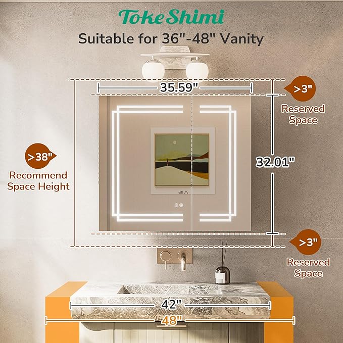 TokeShimi 36 x 32 Bathroom Medicine Cabinet with Lighted Mirror Tempered, LED Medicine Cabinet Mirror with 3 Colors Dimmable, CRI 80+, Anti-Fog, Memory Funtion, Wall Make up Mirror with Storage