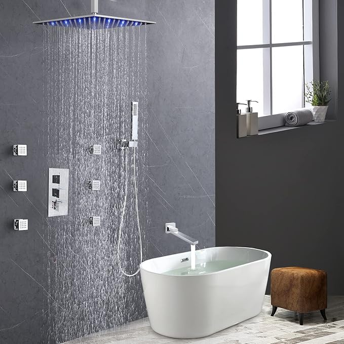 Thermostatic Shower Faucet Set Polished Chrome Rain Shower System with Tub Spout, 12 Inch Ceiling Mounted LED Shower Head and Handheld Spray, 6 PCS Body Jets, 4 Way Brass Shower Vlave