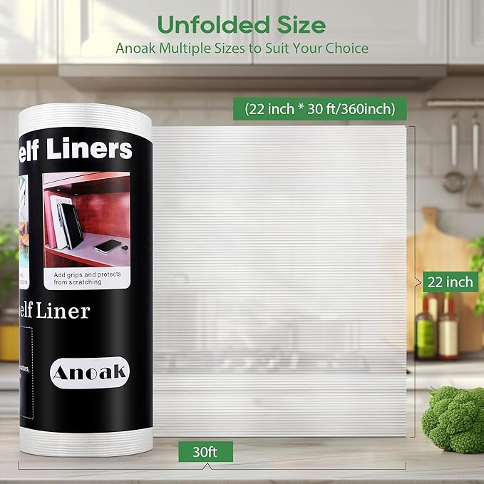 Anoak Shelf Liner - Non-Slip Cabinet Liner, 22 Inch x 30 FT(360 Inch) Durable Waterproof Washable Oil-Proof for Kitchen Cabinet, Shelves, Refrigerator, Storage, Desks, Non Adhesive