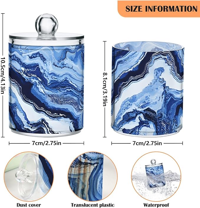 MNSRUU 2 Pack Qtip Holder Organizer Dispenser Blue Marbling Bathroom Storage Canister Cotton Ball Holder Bathroom Containers for Cotton Swabs/Pads/Floss