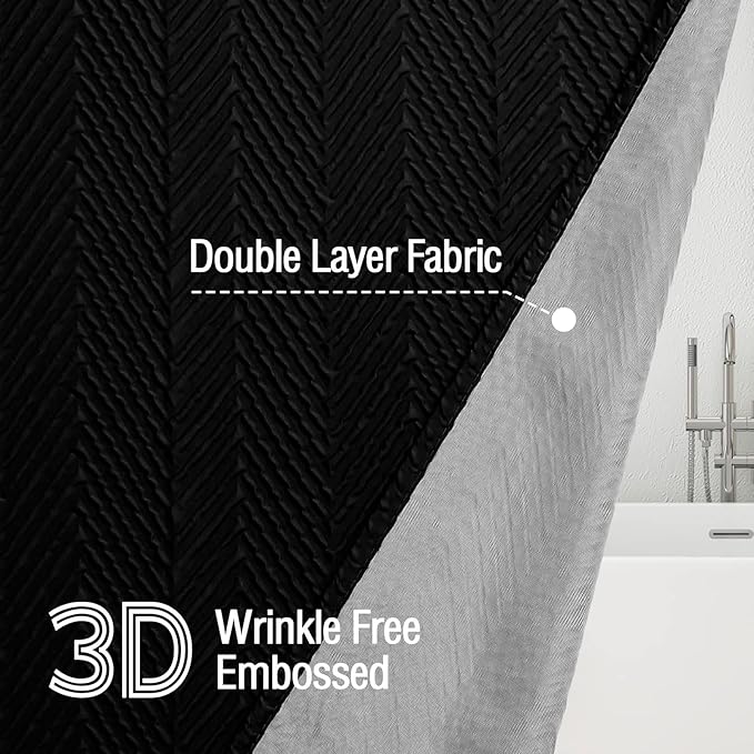 Gibelle Black Shower Curtain, 3D Embossed Textured Herringbone Fabric Shower Curtain, Modern Farmhouse Bathroom Decor Soft Cloth Shower Curtain Set with Hooks, 72x72