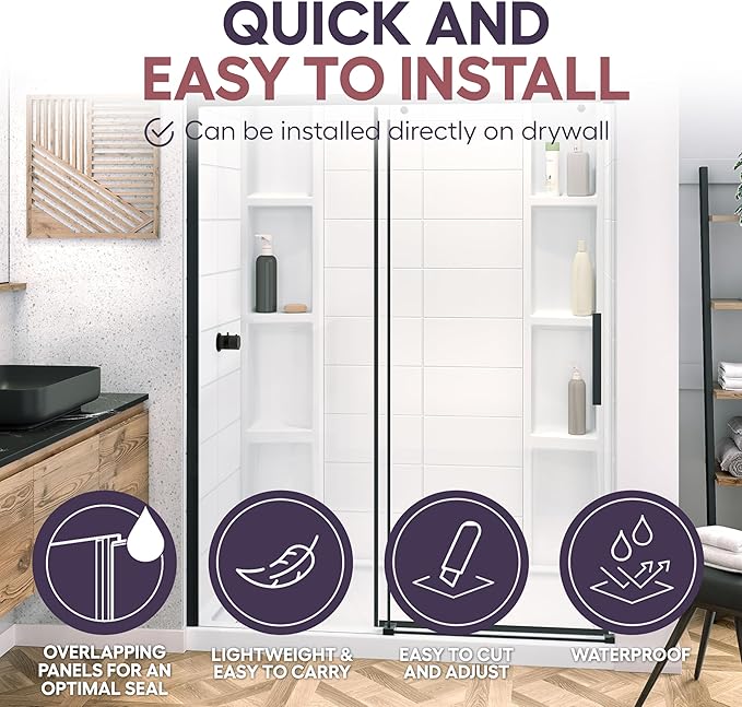 White Acrylic Shower Wall Surround 36"x 60"x 80" - Waterproof, Easy-to-Install, Two Shelf Units Kit Included - Shower Wall Surround Panels - Stacked Tiles Pattern, Classic Shelves