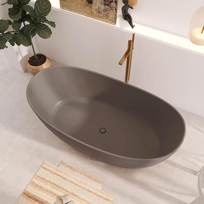 65" Premium Solid Surface Freestanding Bathtub, Contemporary Design Stand Alone Stone Resin Tub with Overflow and Pop-up Drain, Grey Coffee