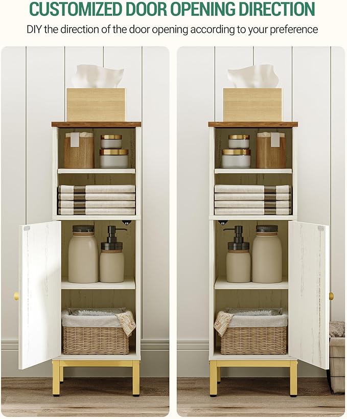 Bathroom Storage Cabinet, Corner Floor Cabinet with Shelves, Customized Door Opening Direction, Bathroom Organizer with Adjustable Shelf for Kitchen, Living, Toilet Paper Cabinet, White Brown